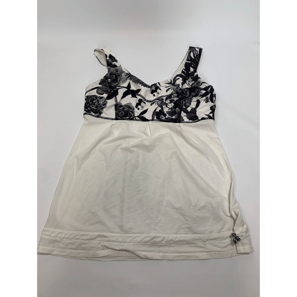 Lululemon Women's Active Tank Top Floral Workout Slit Back White Black Size 8